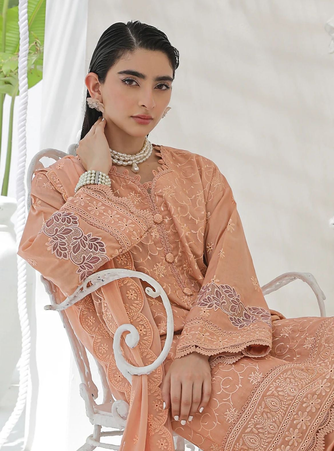 Salitex Peach Lawn Chikankari 3pcs Suit