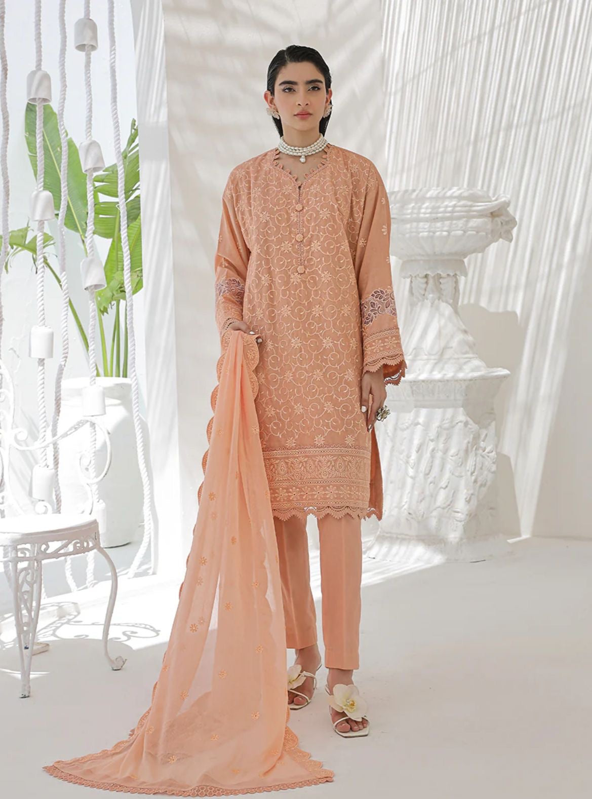 Salitex Peach Lawn Chikankari 3pcs Suit