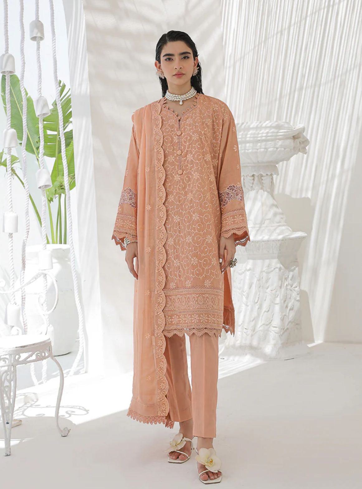 Salitex Peach Lawn Chikankari 3pcs Suit