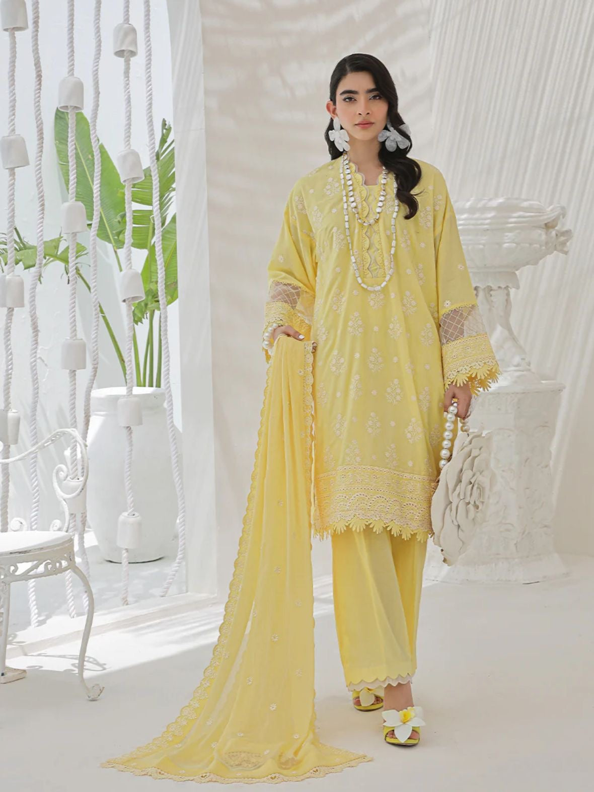 Salitex Yellow Lawn Chikankari 3pcs Suit