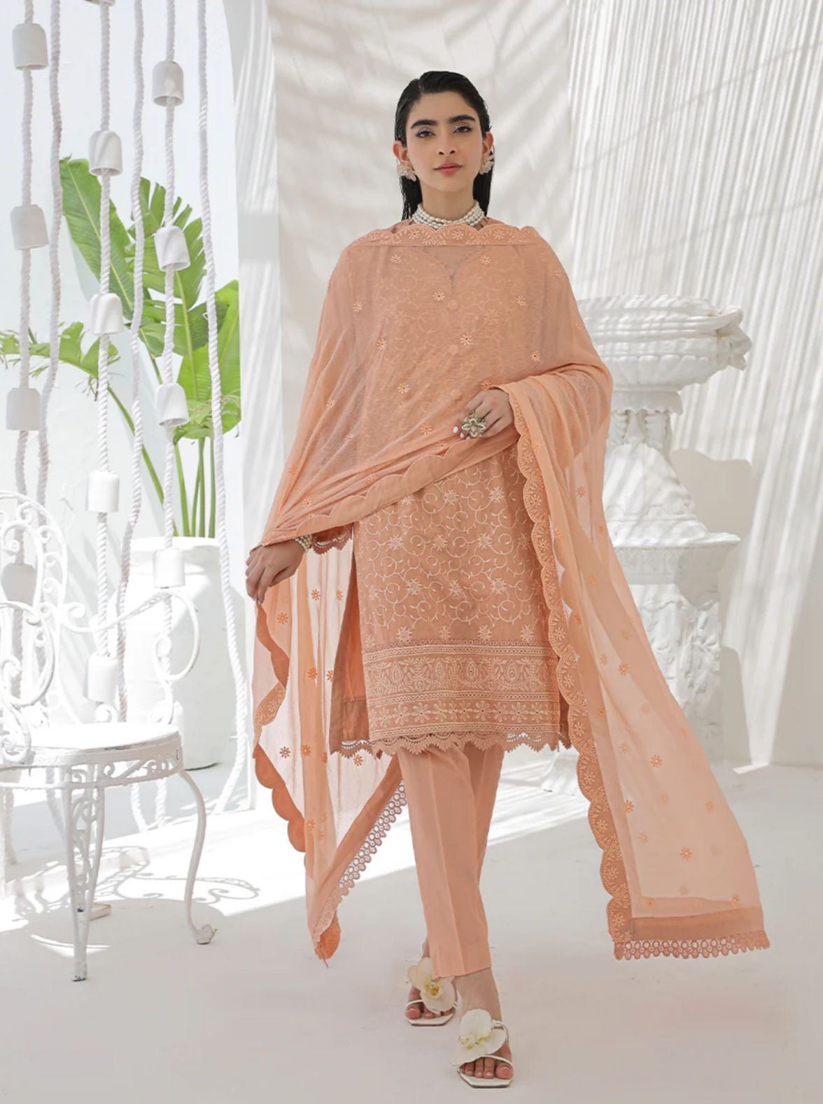 Salitex Peach Lawn Chikankari 3pcs Suit