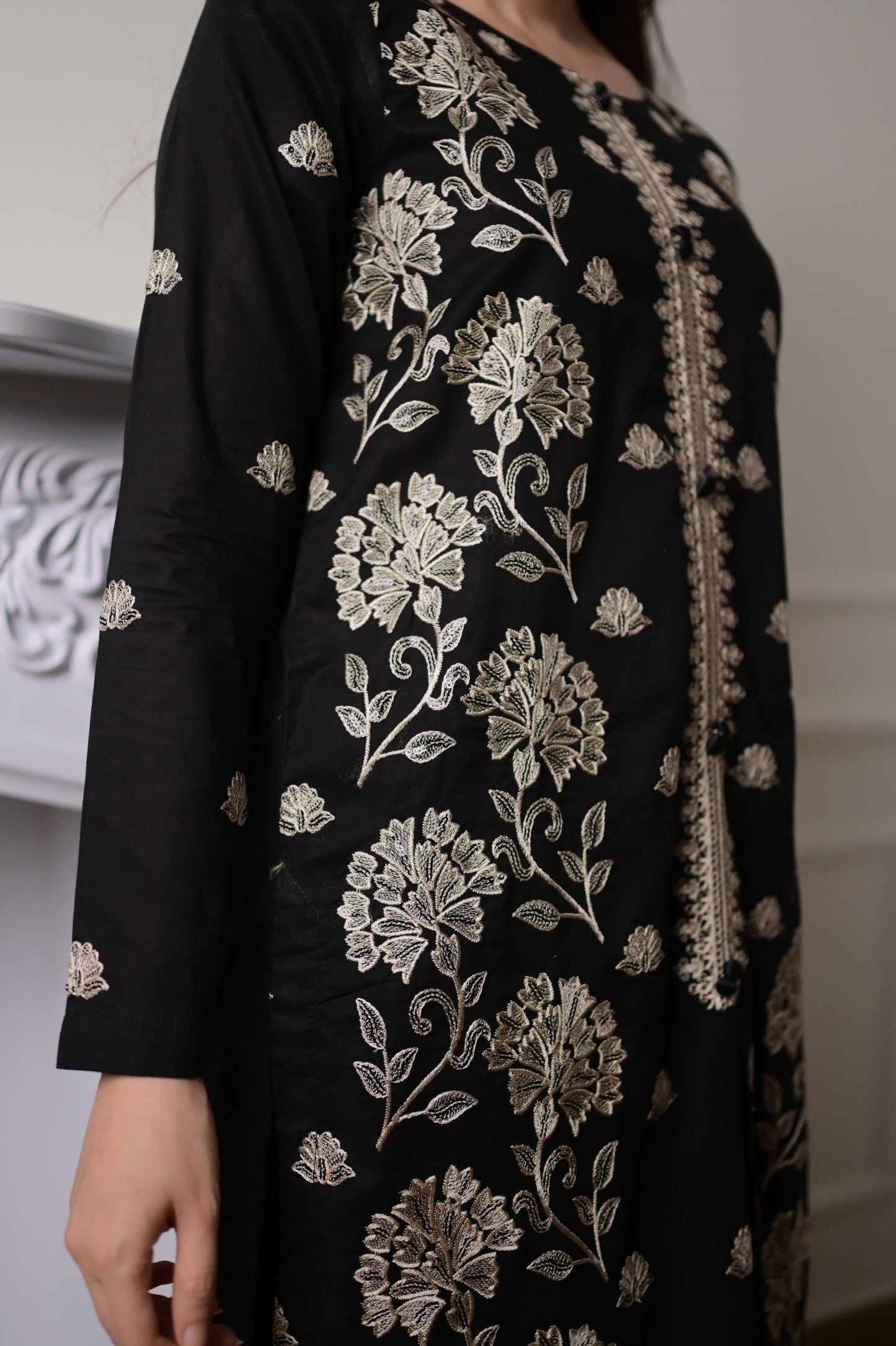 Black Embroidered Dull Gold