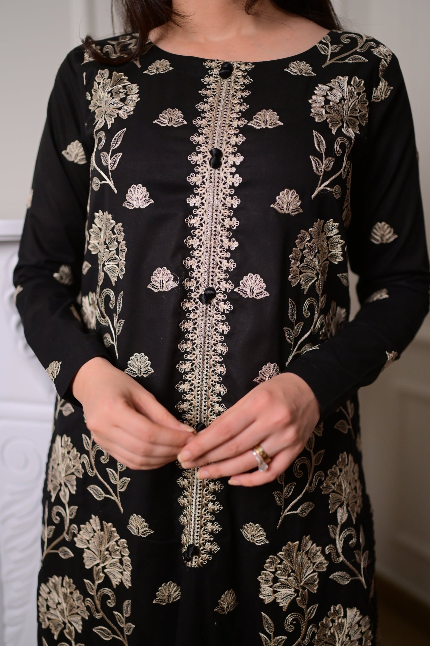 Black Embroidered Dull Gold