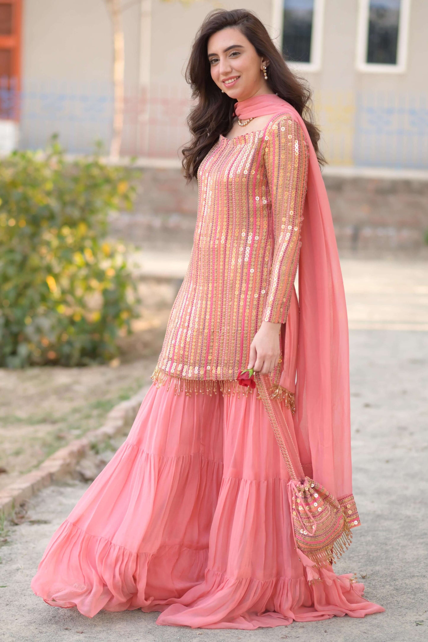 Malikajaan Peach Gharara Set 3pcs