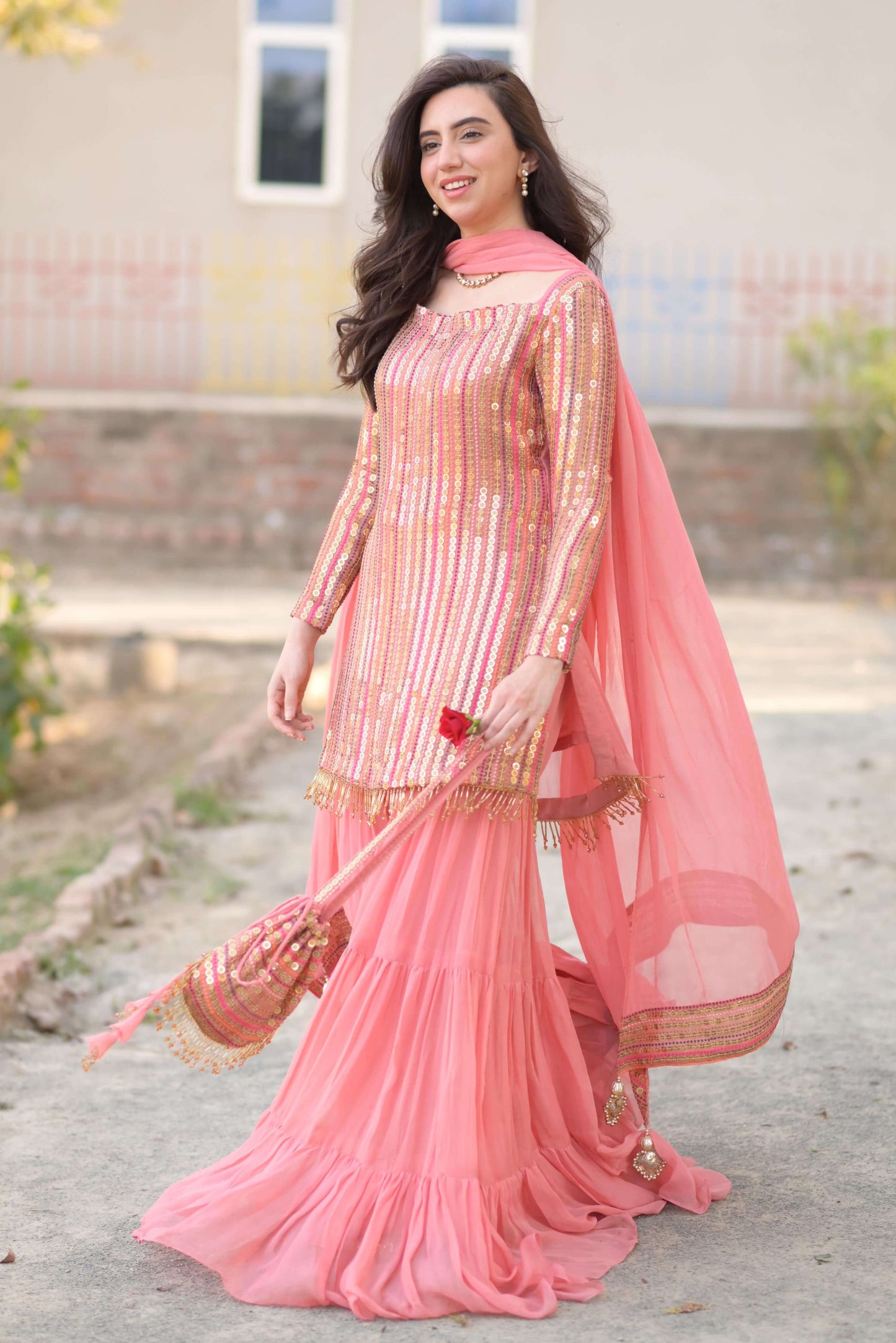 Malikajaan Peach Gharara Set 3pcs