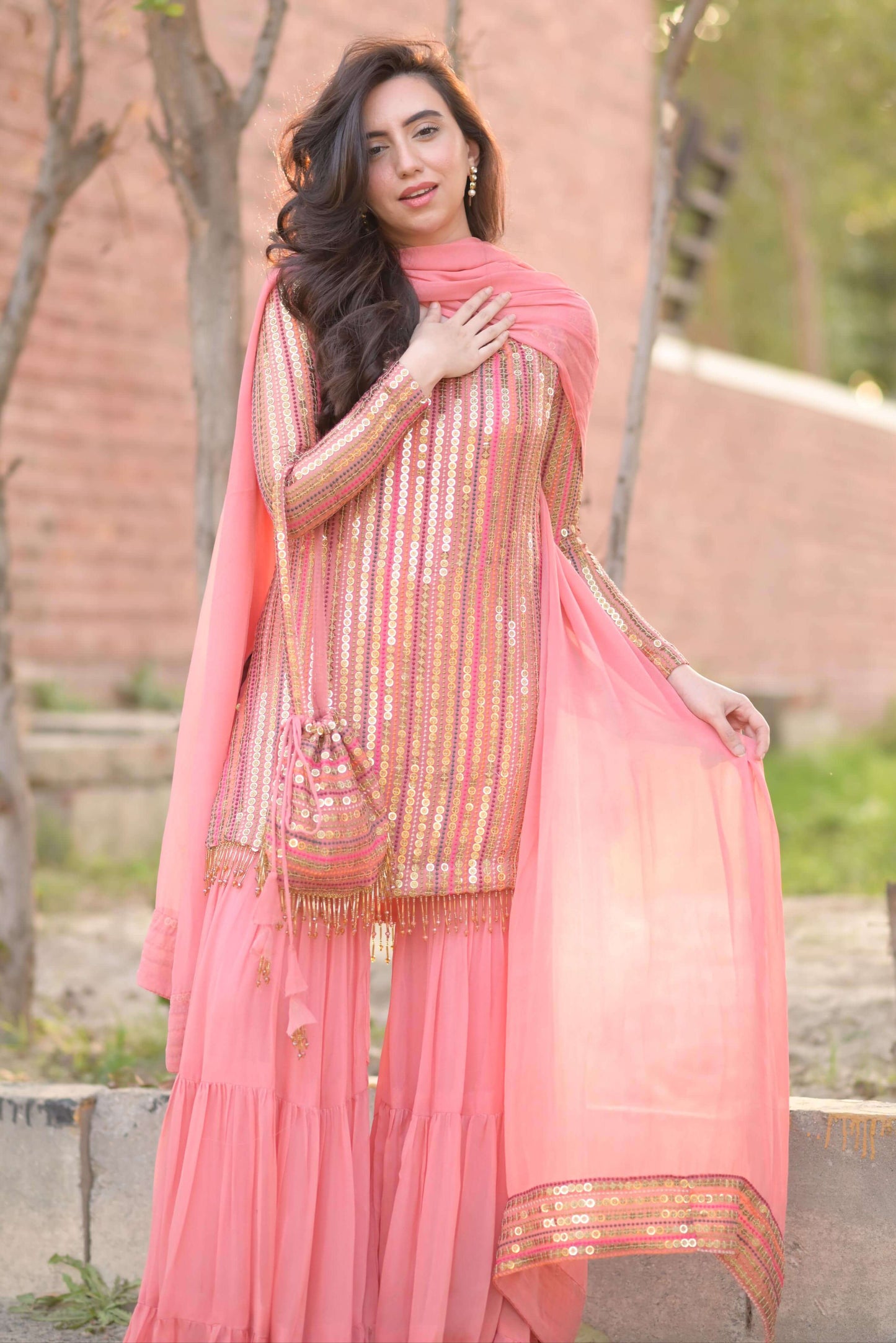 Malikajaan Peach Gharara Set 3pcs