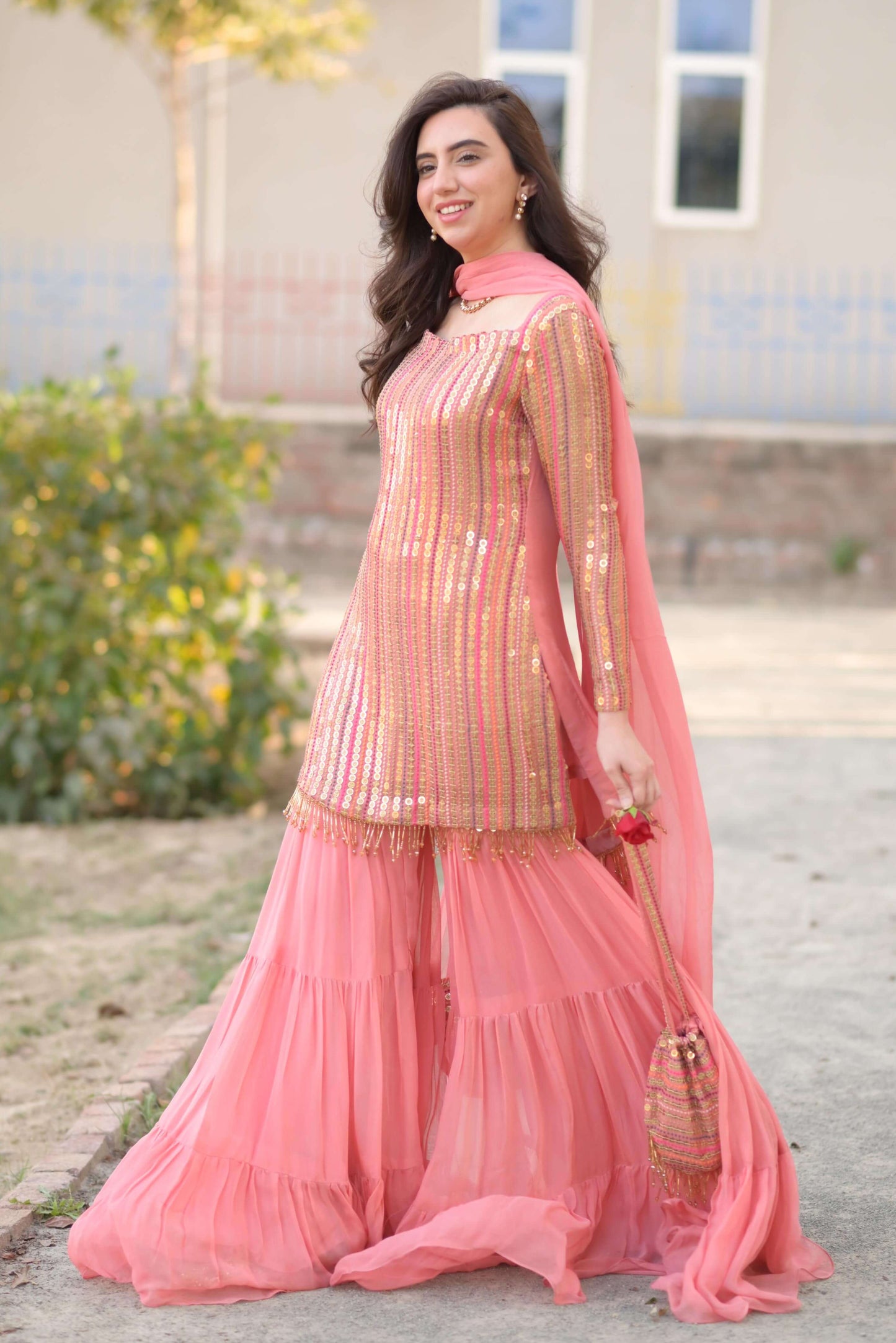 Malikajaan Peach Gharara Set 3pcs