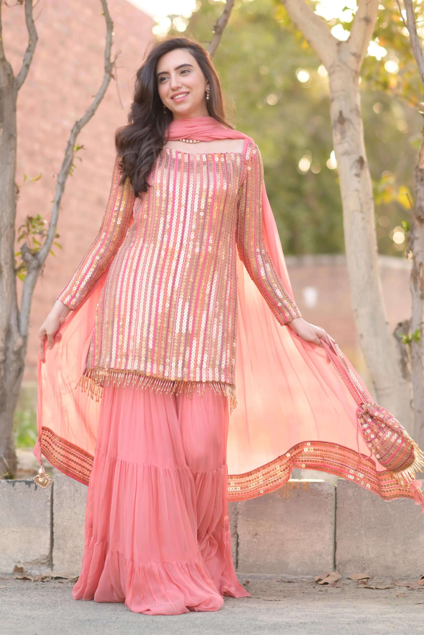 Malikajaan Peach Gharara Set 3pcs