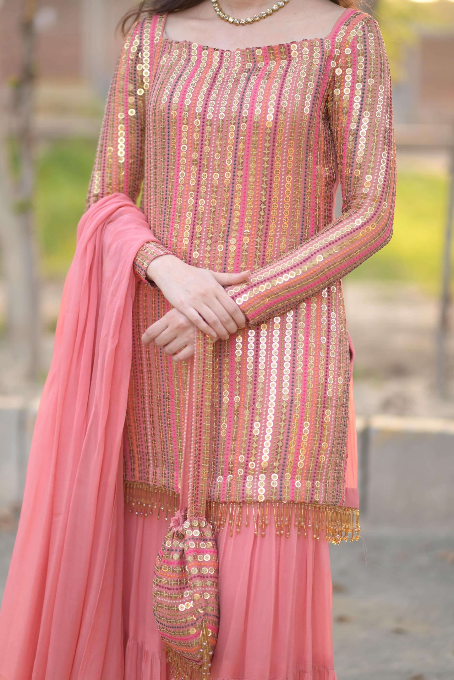 Malikajaan Peach Gharara Set 3pcs