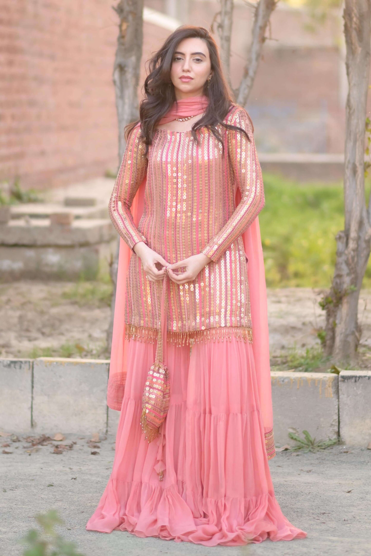 Malikajaan Peach Gharara Set 3pcs