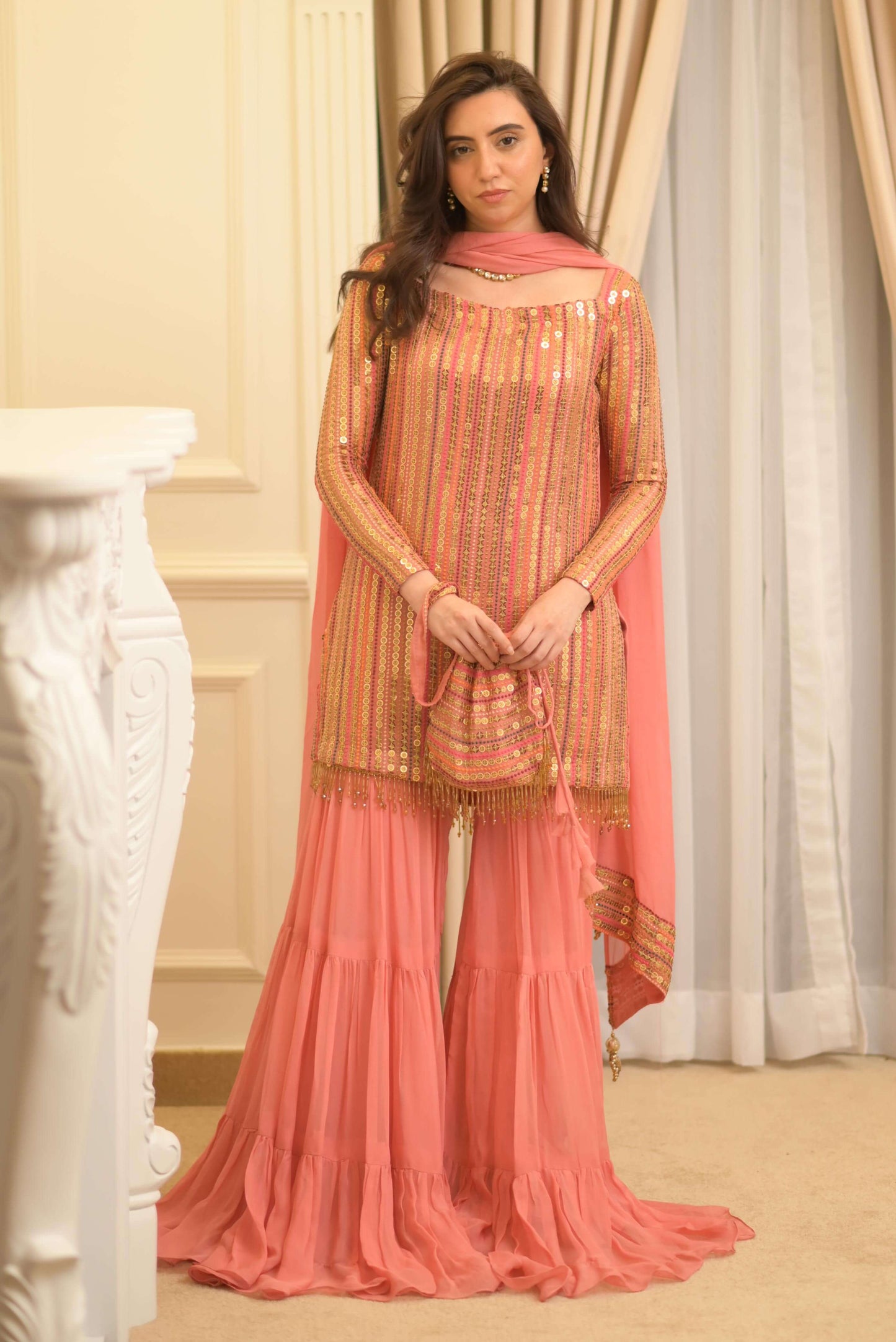 Malikajaan Peach Gharara Set 3pcs